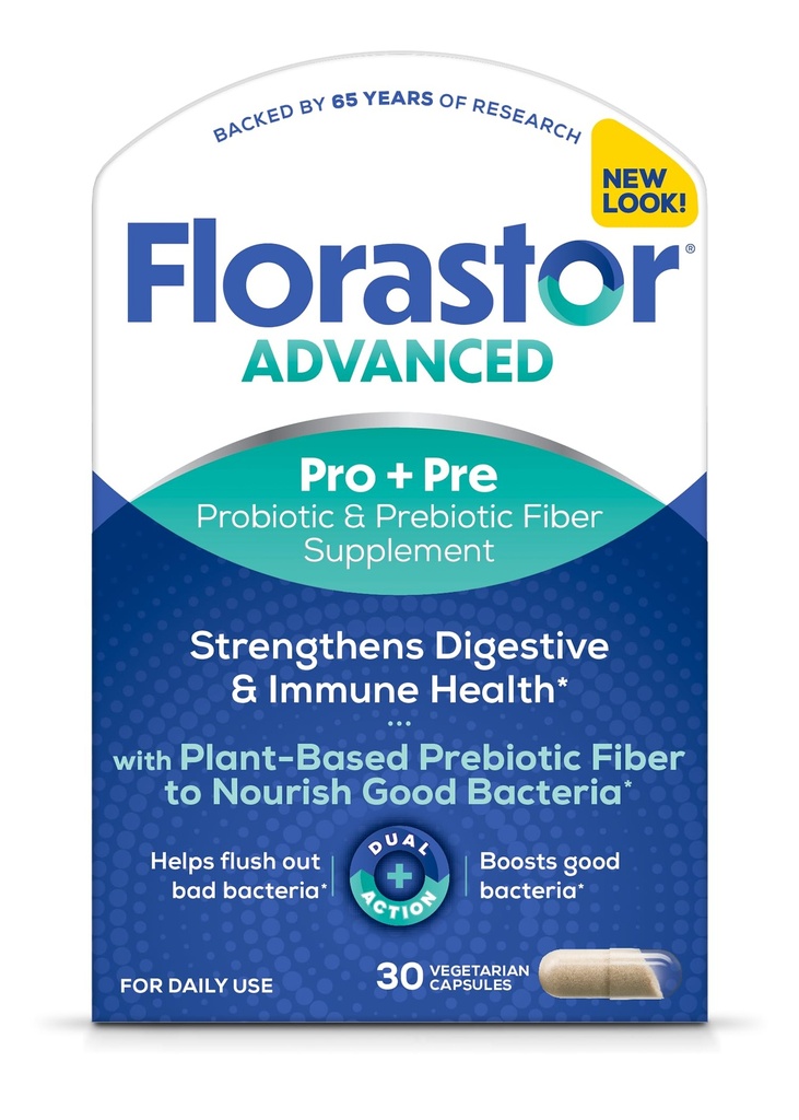 Florastor Advanced Pro+Pre Daily Probiotic and Prebiotic Supplement for kvinner og menn, Boosts Gode Bakterier, Saccharomyces Boulardii CNCM I-745 (30 kapsler) (Pack of 1)