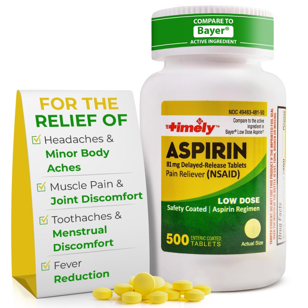 Tidlig lav dose aspirin 81 mg for voksne - smertefri for mindre smerter og feber reduserer - sammenliknet med den aktive ingrediens i Bayer - lav styrke enterisk coated aspirin - 500 tabletter