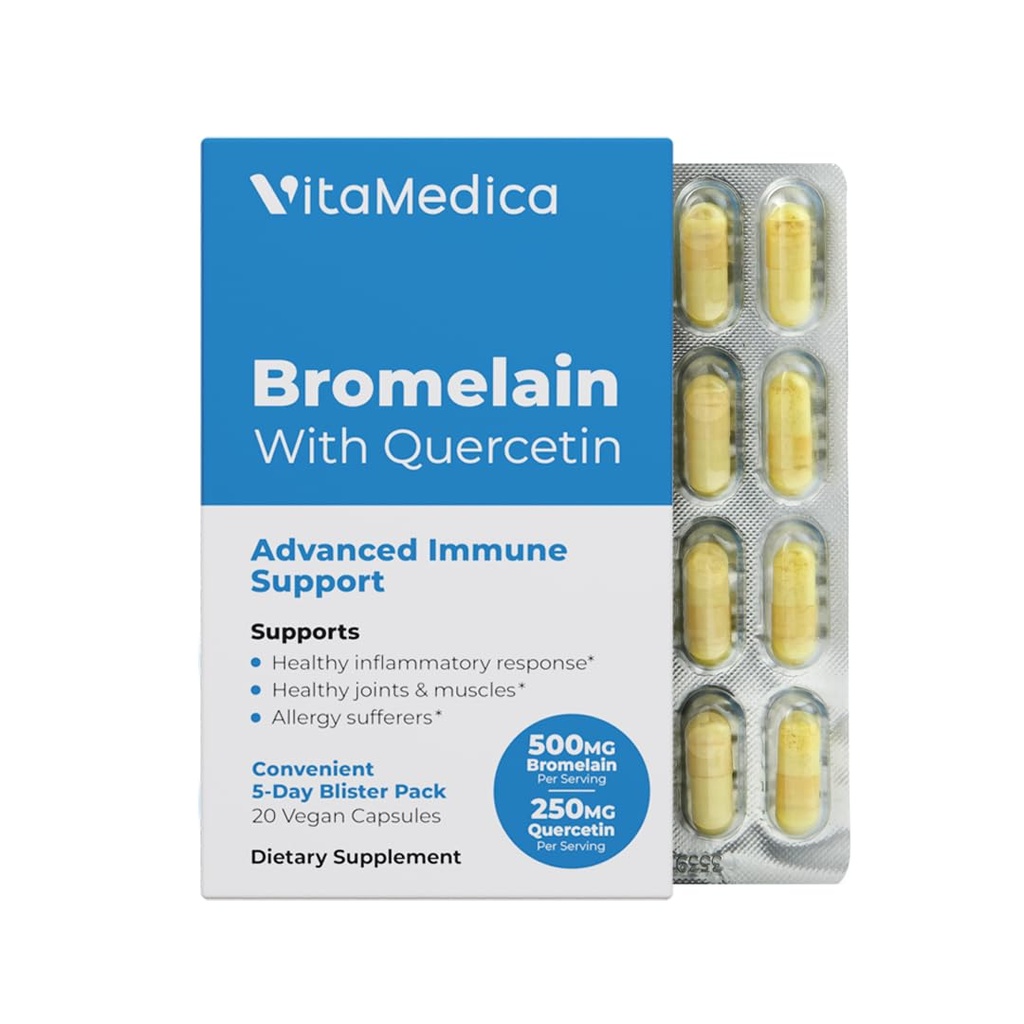 VitaMedica Bromelain & Quercetin Supplement - 500mg Bromelain 250mg Quercetin - 2400 GDU for immunitet, felles støtte, inflammasjon og muskelgjenvinning - 20 Vegan Kapsler - 5 dagers forsyning