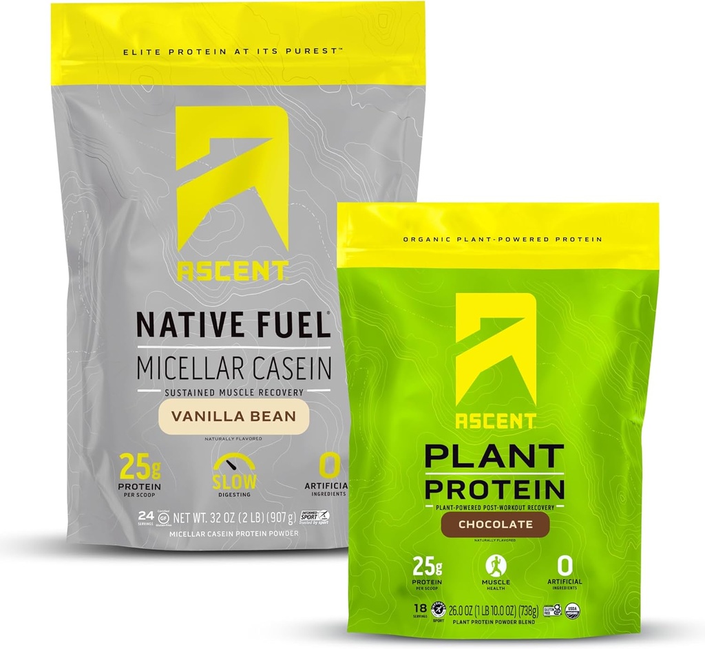 Ascent Casein Protein pulver Vanilla Bean 2 lb & plante protein pulver sjokolade 18 serveringer