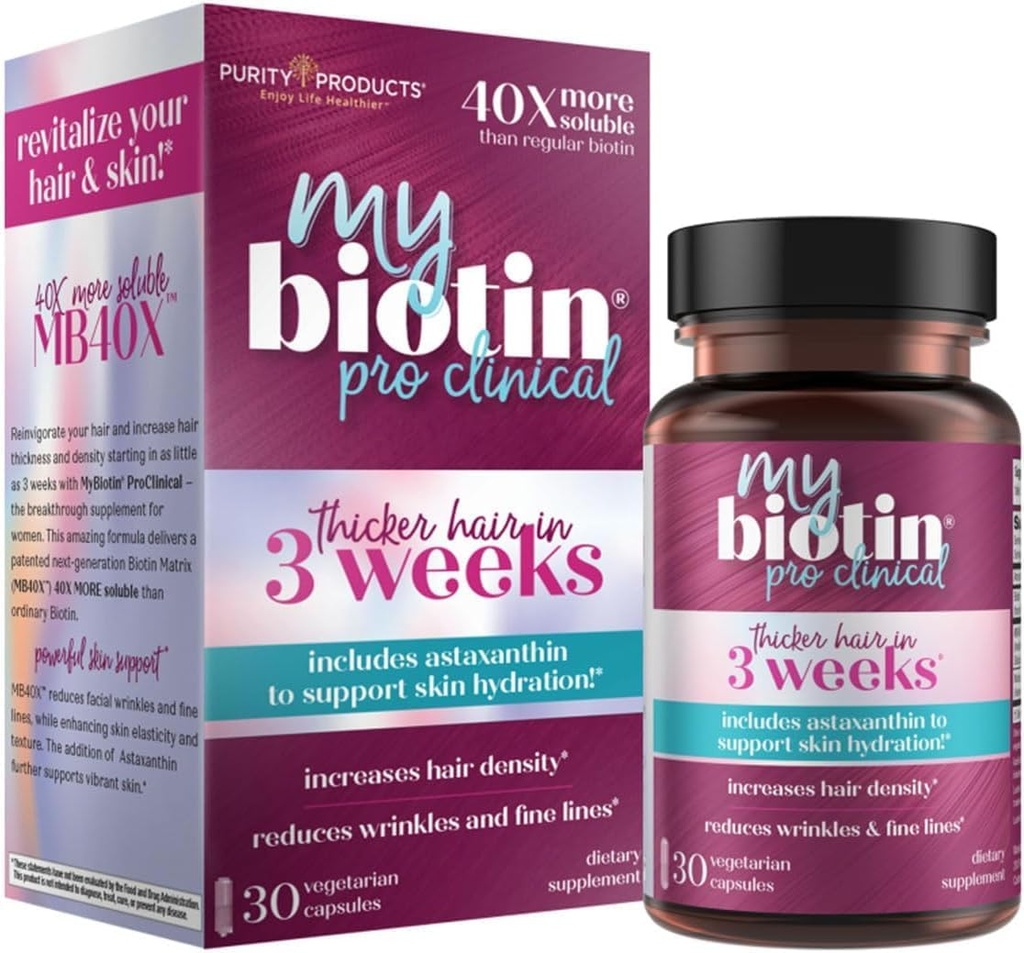 MyBiotin ProClinical – Tykkert hår starter i 3 uker og kjemper Wrinkles - MB40X Patentert Biotin Matrix w/Astaxanthin - 40X Mer løselig vs ordinær Biotin 30 Veg Cap