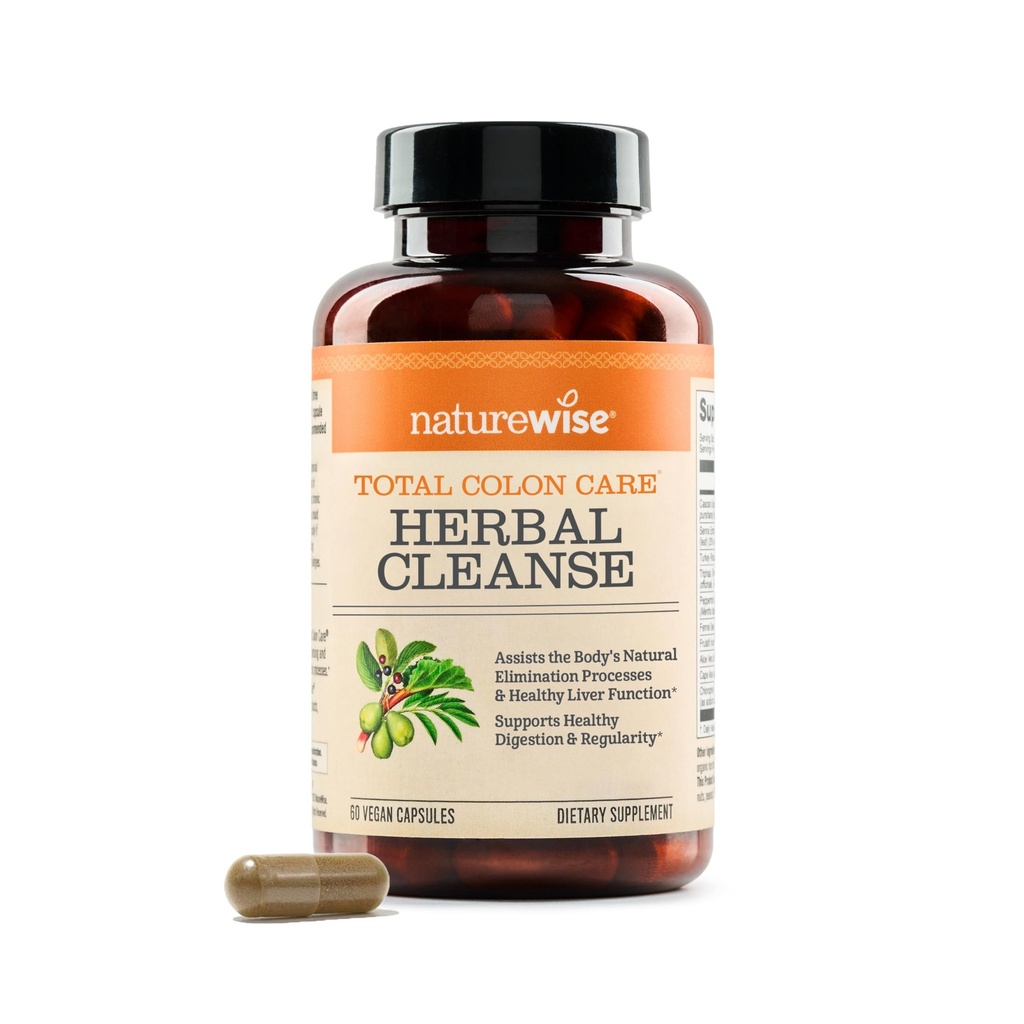 Naturewise Total Colon Care Herbal Cleanse - med prebiotika, botaniske, og antioksidanter - for regelmessig Bowell Movement, Digestion, Gut Helse - Vegansk, Glutenfri, Ikke-GMO - 60 Kapsler[2-måneders forsyning]