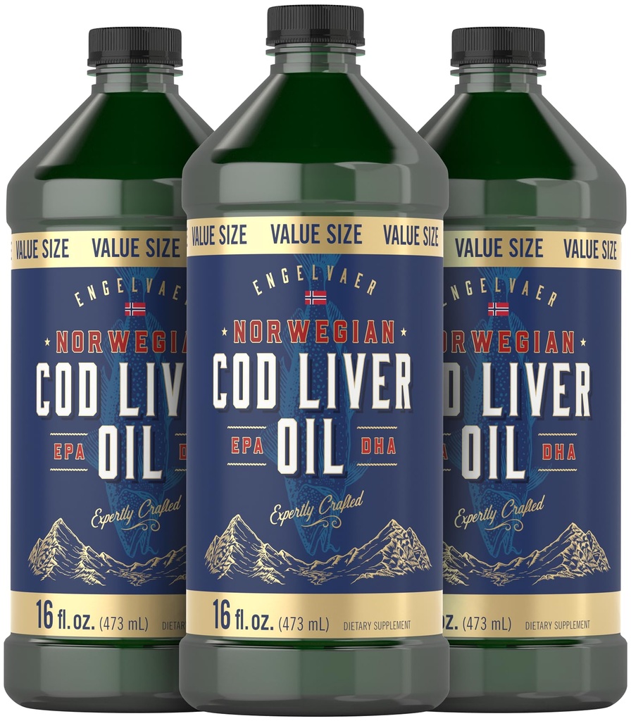 Carlyle Norsk Cod Liver Oil | 16oz | Pakke med 3 flasker | Væske Unflavored Fish Oil Supplement | Ikke-GMO, Glutenfri