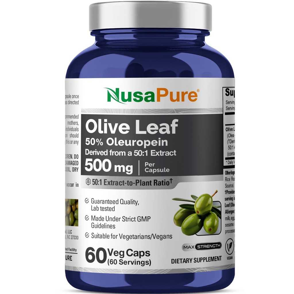 NusaPure Olive Leaf 50:1 Ekstrakt, 500 mg tilsvarende 25 000 mg - 50% Oleuropein Vegansk / vegetarian - Super styrke Ingen olje 60 kapsler