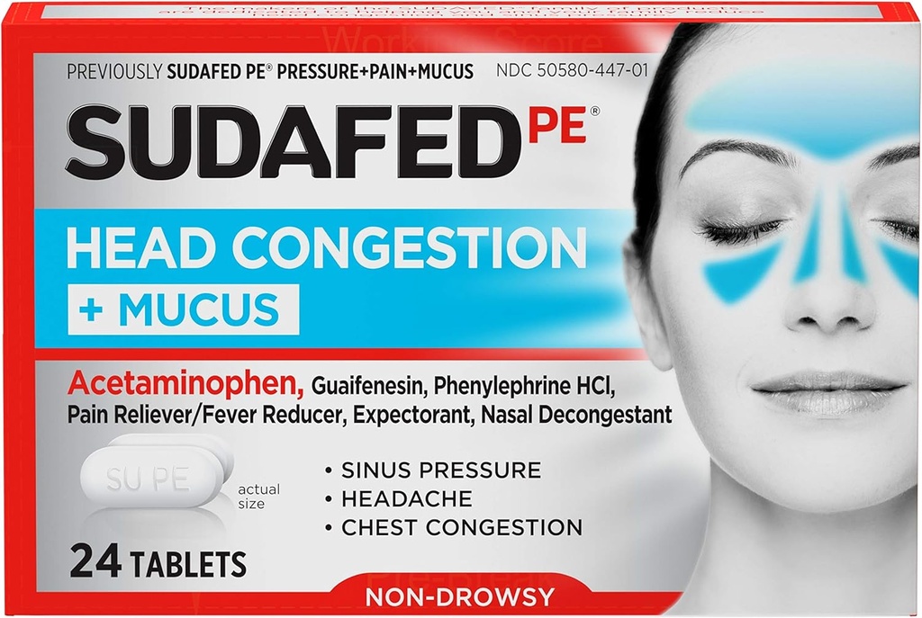Sudafed PE Head Congestion + Mucus Tabletter for Sinus trykk, smerte og kongessjon, 24 ct