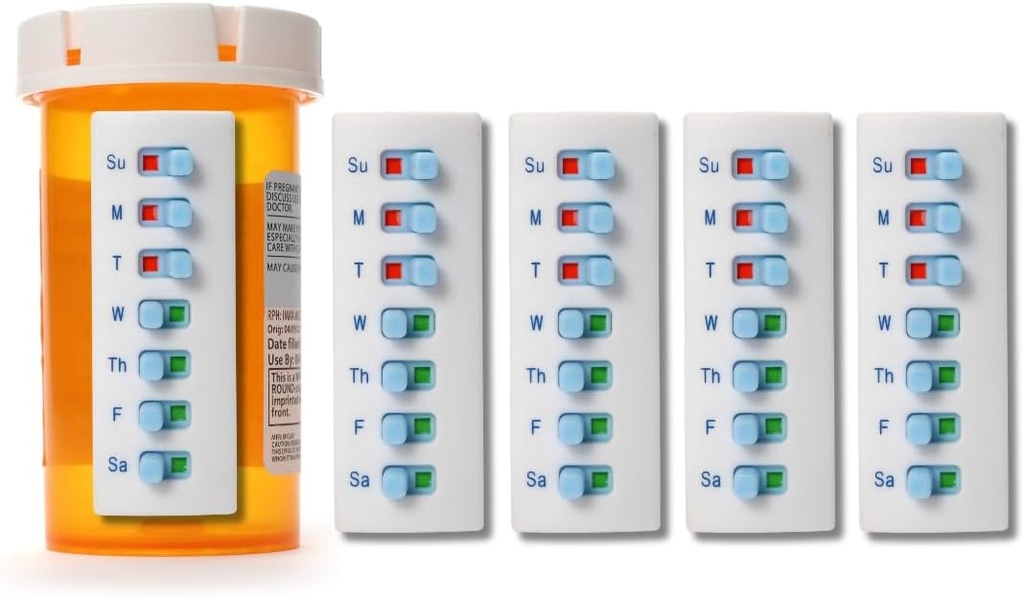 Ta‐n‐ Slide Peel og Stick Reusable for 12 + Påfyllinger, pille/medikasjon/Vitamin/Pet Med Tracker & Påminnelse, Fest til flasken, Organisator-fri, kurvet‐ Tilbake (hvit, 5-Pack)