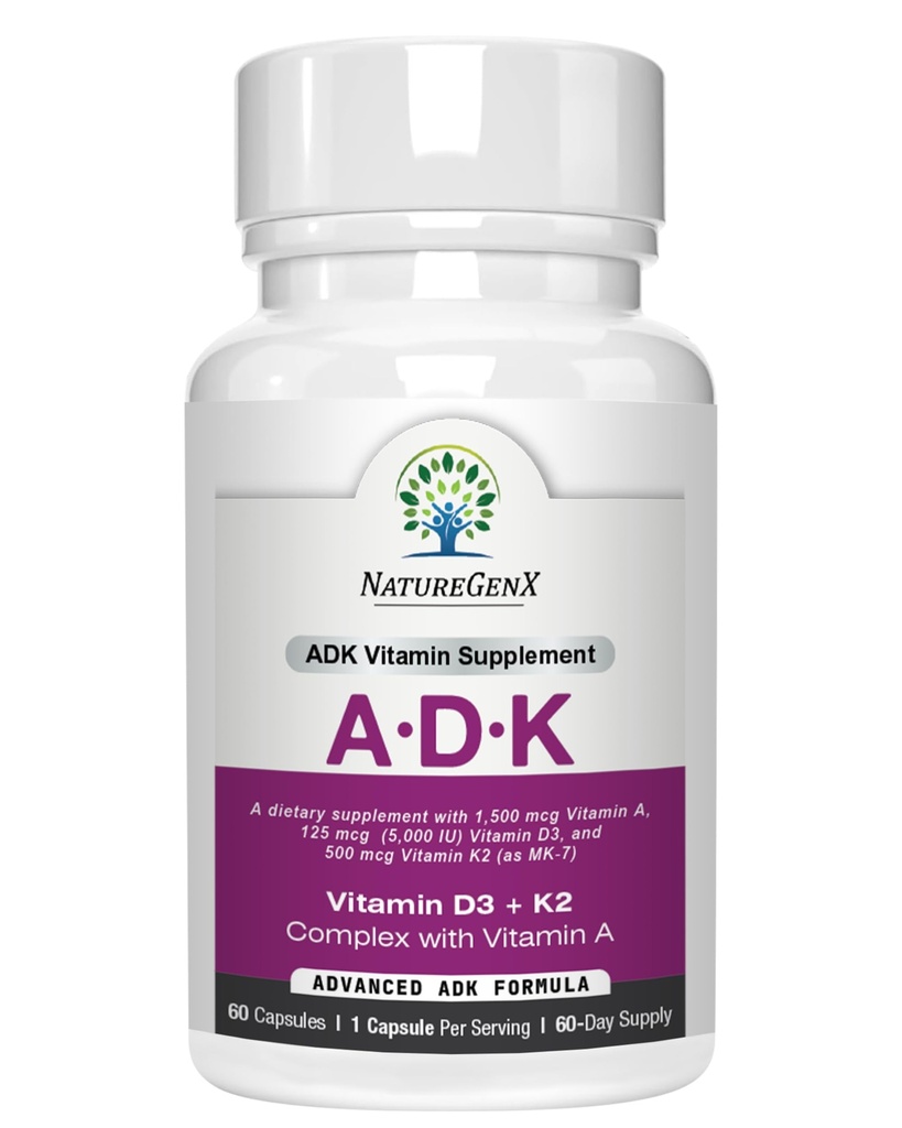 ADK vitamin Supplement 5000 IU - høy potens vitaminer A, D3, og K2 for bein helse og kalsium absorpsjon | Glutenfri vitamin ADK Supplement, 60 dagers forsyning, 60 kapsler
