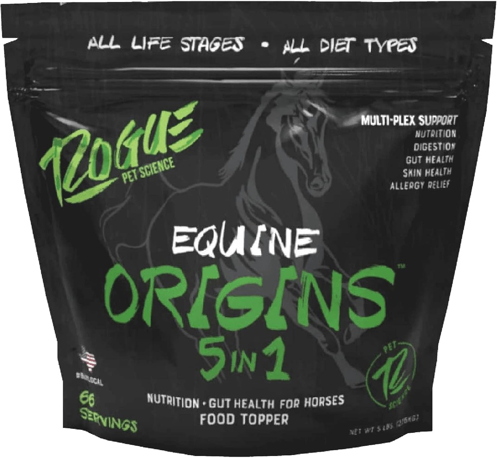 ROGUE PET SCIENCE Opprinnelser 5-i-1 Hestetilskudd - Pelletet Equine Food Topper m/Naturlig Omega 3 Fiskeolje - støtter Gut Helse, Ulcer Relief & Joints-hjelp Allergier, Hud og Coat Helse (5 lbs)