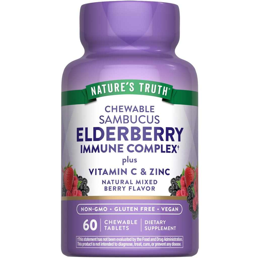 Naturens sannhet Elderbær immunkompleks | 60 Chewable tabletter | Plus vitamin C & sink | Blandet Berry | Vegan, ikke-GMO, & Glutenfri Supplement