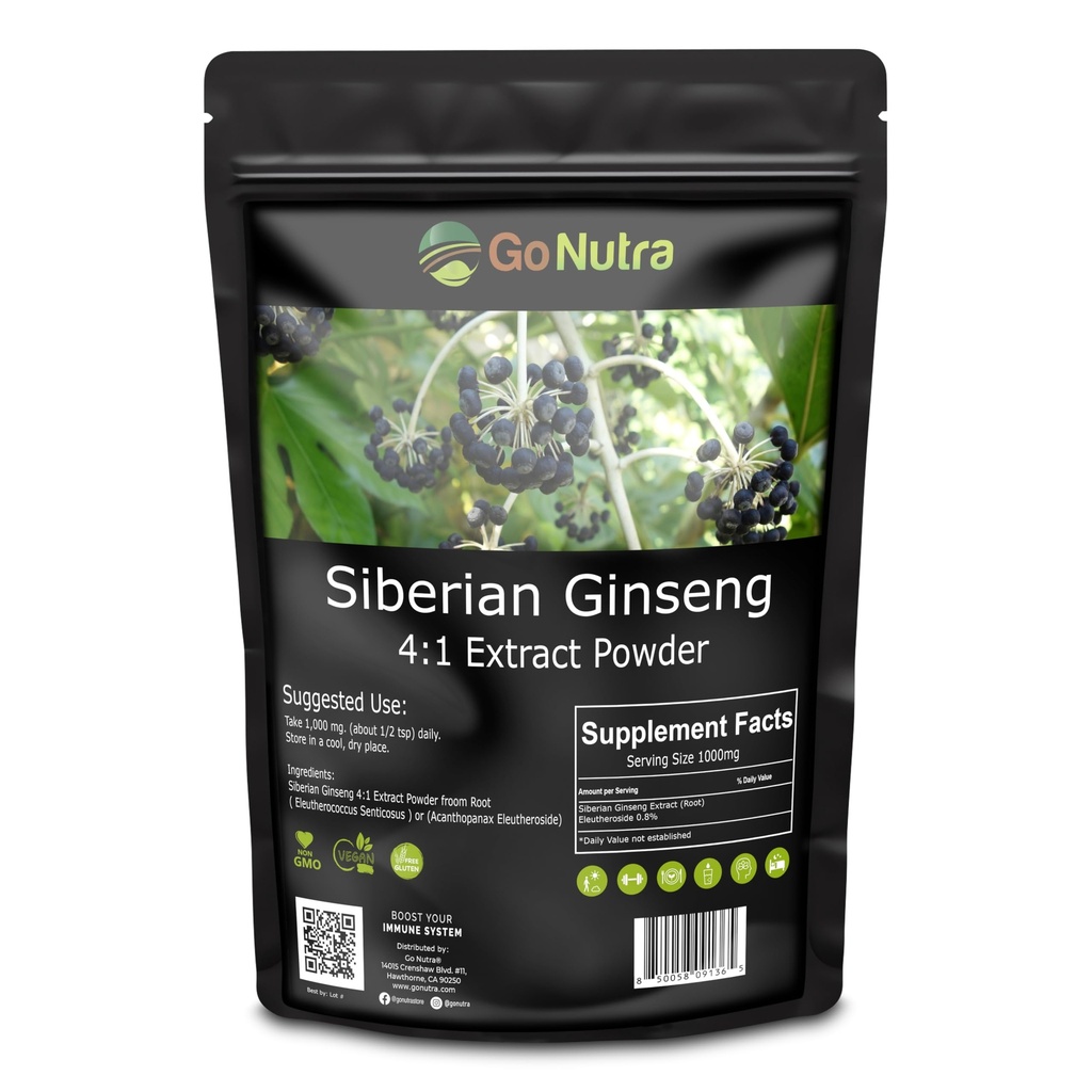 Go Nutra Siberian Ginseng - Eleuthero Root Powder | 4:1 Ekstrakt 4X ganger sterkere | Støtter energi og utholdenhet | Naturlig og adaptogen | Eleutherococcus Senticosus | Non-GMO | 4 Ounce