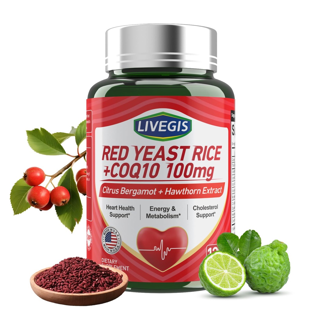 Red Yeast Rice 2000mg med CoQ10 100mg - Citrinin gratis hjerte helse Supplement med Citrus Bergamot & Hawthorn - støtter sunne kolesterol nivåer - Vegan, ikke-GMO kapsler 120 teller