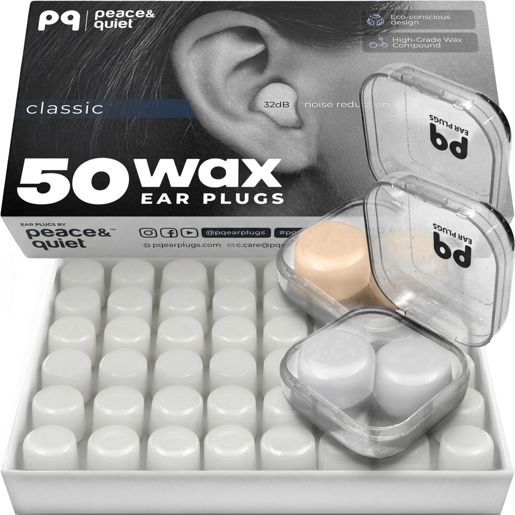 PQ Wax ørepropper for sovende, svømming - 50 støy som kansellerer silikon gele voks ørepropper, ørebeskyttelse for søvn og svømming, myk voks pillows med lydblokkeringsnivå 32Db, (50 pillows), farge: hvit