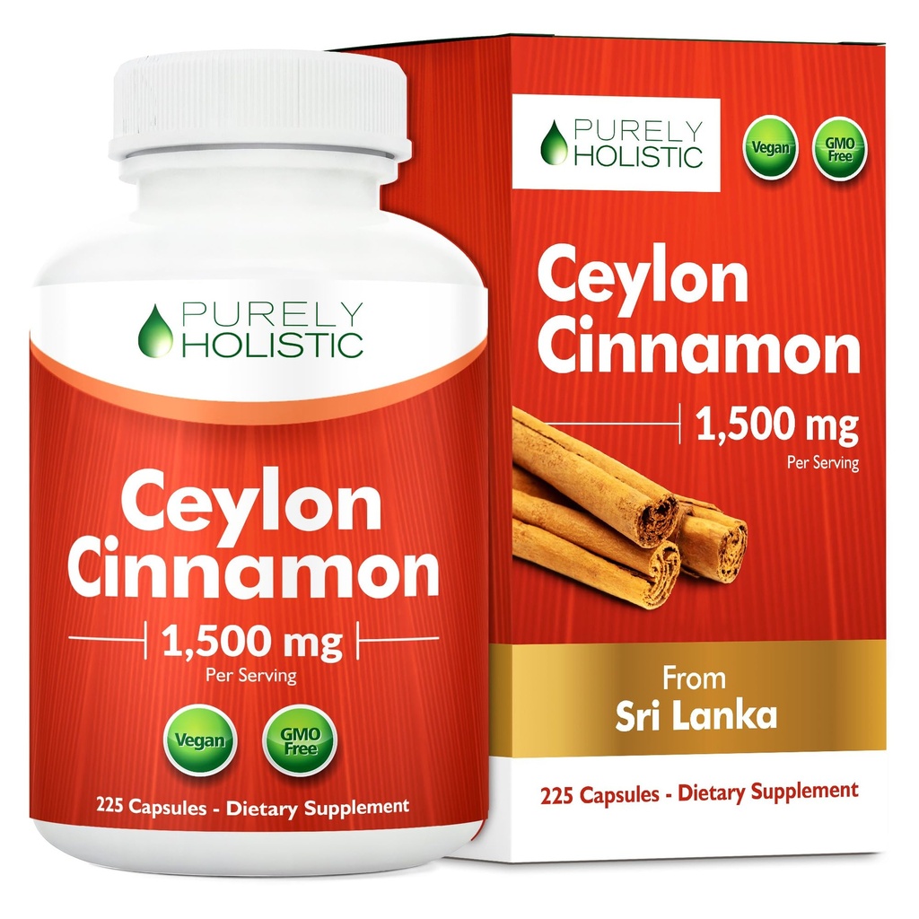 Rent Holistisk Ceylon Cinnamon Capsules 1500mg, 225 Vegan kanel kapsler, 75 dagers forsyning (25% flere serveringer), True Sri Lankan Ceylon Cinnamon Supplement