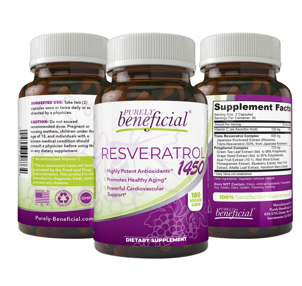 PURELY gunstig RESVERATROL1450-90 dagers forsyning, 1450mg per servering av Potent Antioksidanter & Trans-Resveratrol, fremmer anti-aldring, kardiovaskulær støtte, maksimal fordeler(1 Bottle)