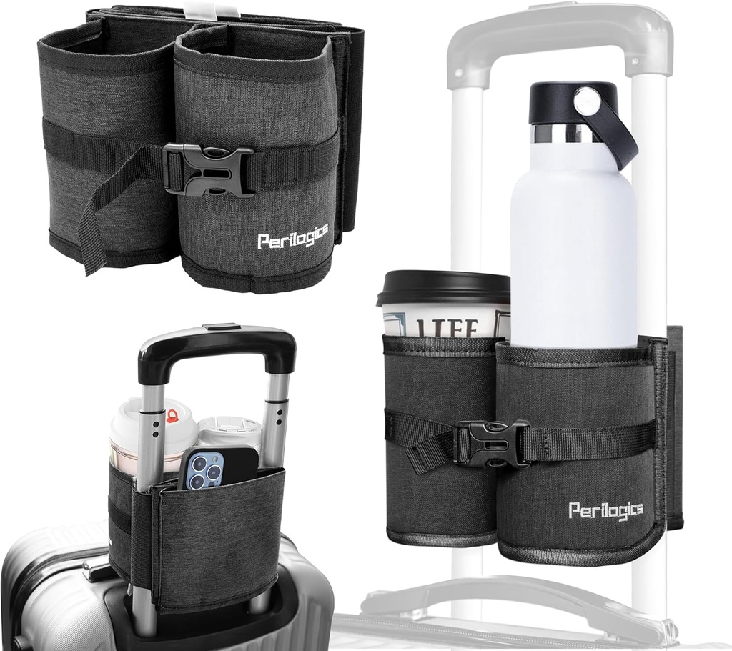 Periologicals Bagasje reise Cup Holder hender gratis drikke Caddy for suitcase håndtak. Perfekt flyreise essensiell tilbehørsgave til hyppig reisende, flyattent eller med barn (Dark Gray)