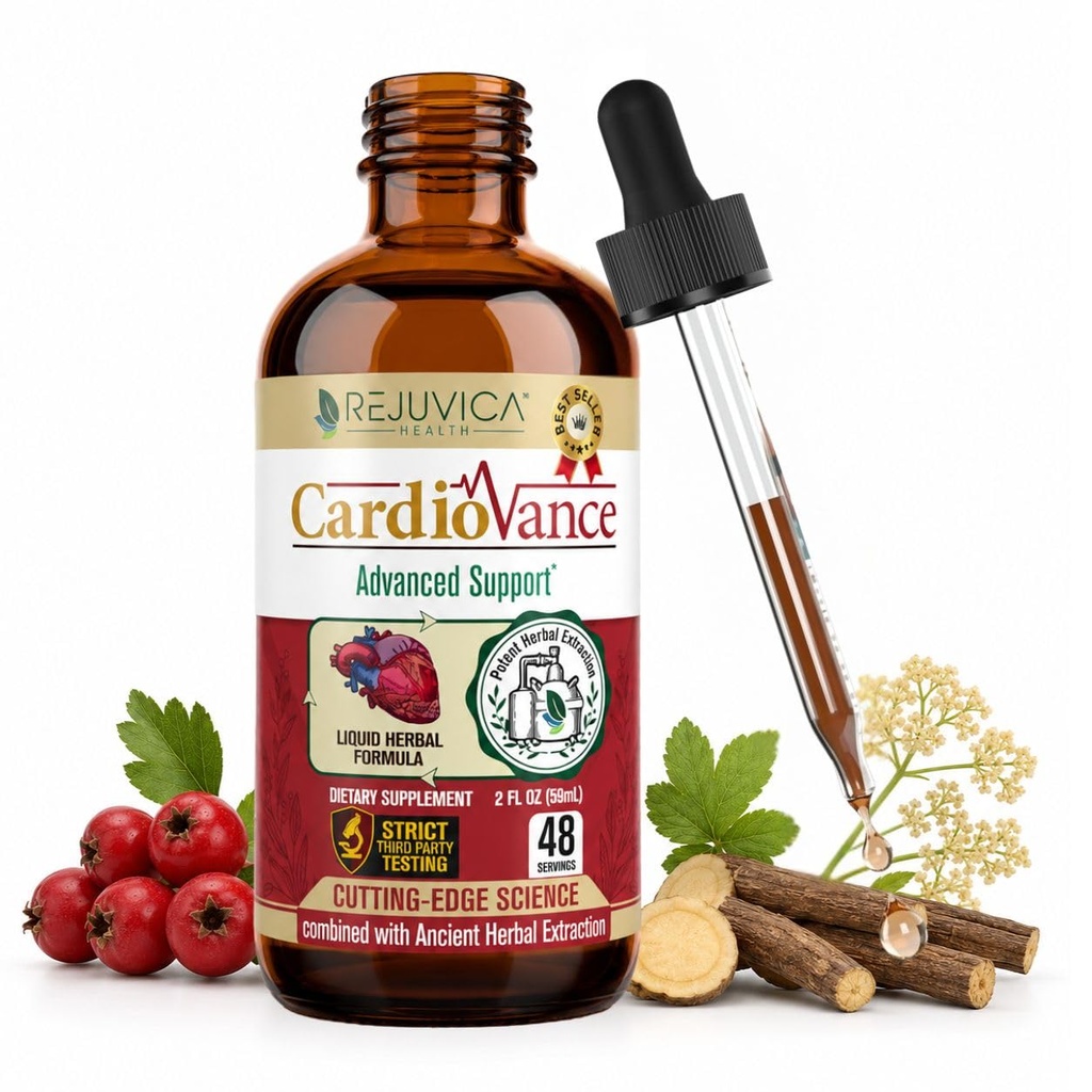 Rejuvica Health CardioVance - hjerte støtte supplement - flytende levering for bedre absorpsjon - Hawthorne, Hibiscus, Arjuna, Olive Leaf & Mer!
