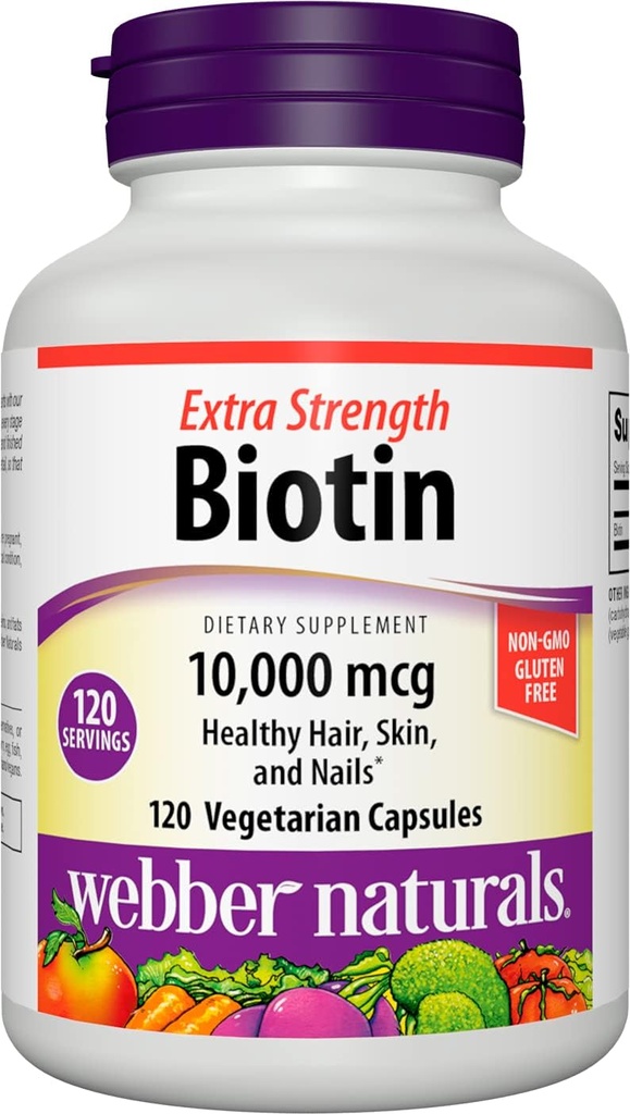 Weber Naturals Biotin 10 000 mcg, ekstra styrke, 120 kapsler, sunn hår, hud og negler, vitamin Supplement, Vegansk