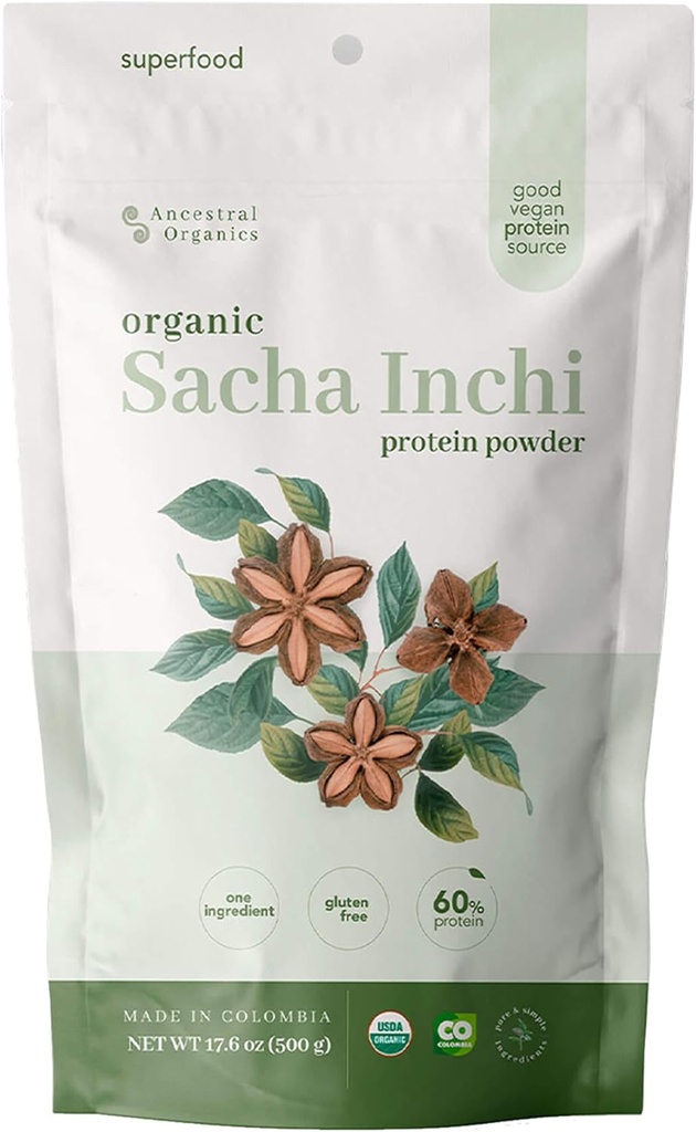 ANCESTRAL Organics Vegan Protein pulver, Sacha Inchi Certified Organic Superfood - 17g Plante Basert Protein - Nærende rik - Glutenfri, Dammfri, Sukkerfri - 1.1lb
