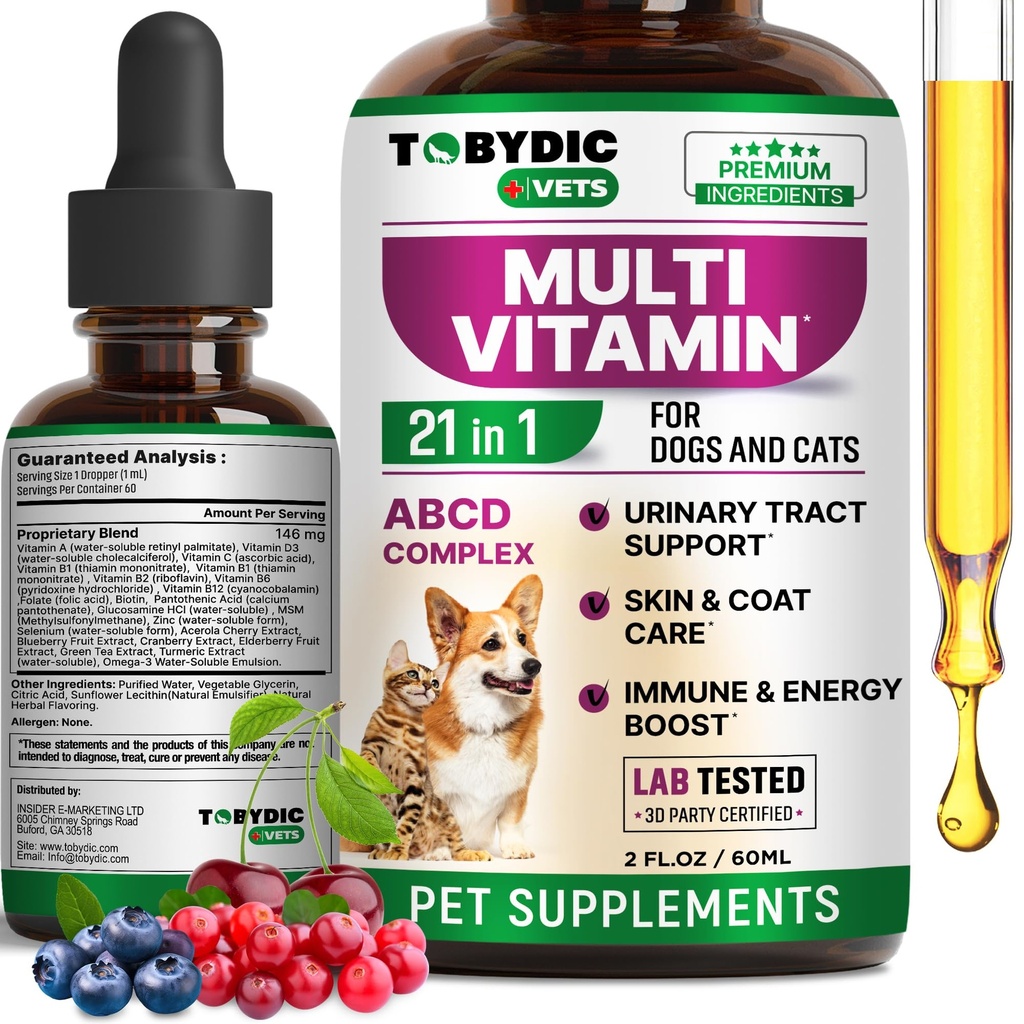 Cat & Dog Multivitamin 21 i 1 Kjæledyr kosttilskudd med Cranberry & Glucosamine - Naturlig medisin og støtte for UTI, Urin Tract, Bladder, Nyre, Hud Coat, Joints behandling laget i USA