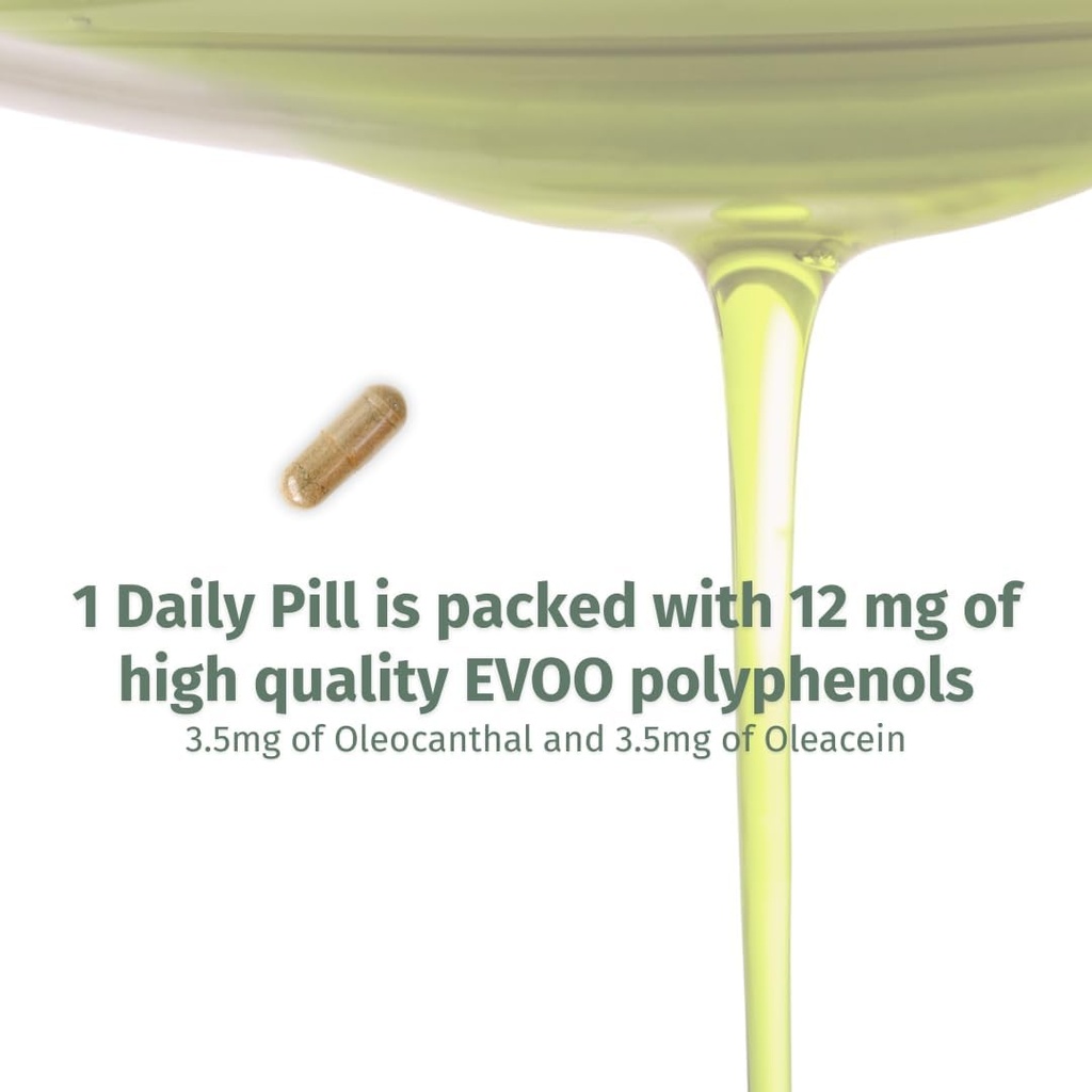 OleocanTM Capsules - 90 dagers forsyning - Premium EVOO Polyfenol Supplement - 3,5 mg Oleocanthal og 3,5 mg Oleacein - Bred Spectrum