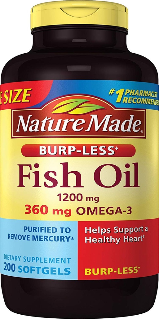 Burp-Less Fish Oil 1200 mg, 200 Softgels, Fish Oil Omega 3 Supplement for hjerte helse