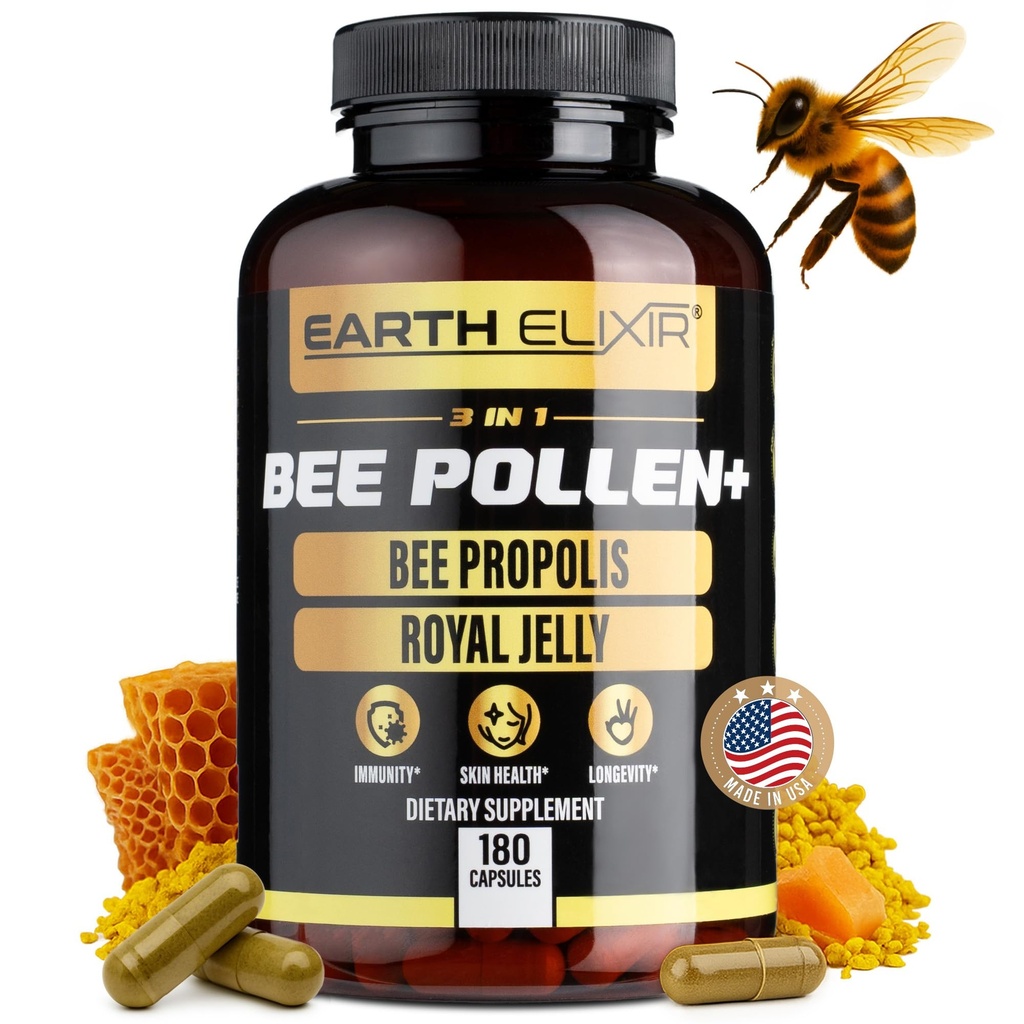 Jord Elixir 3-i-1 Økologisk Bee Pollen Capsule – Ikke-GMO, ren rå Bee Pollen, Royal Jelly, Propolis Extract for kvinner og menn – Naturlig energi, Immun & Vitality Support – 180 Propolis Capsules