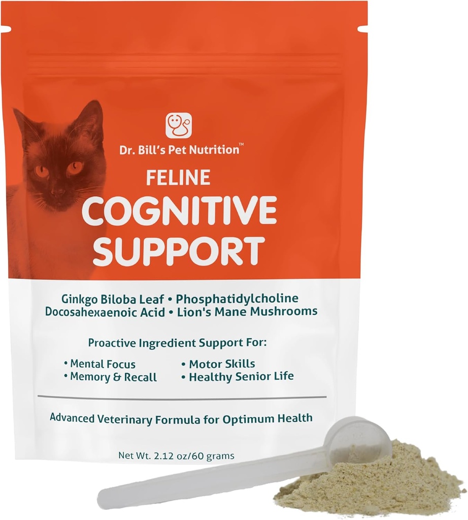 Dr. Bill's Feline Cognitive Support | Minne støtte Supplement for katter | Pet Supplement | Inneholder Gingko Biloba, L-Carnosin, vitamin B-12, L-Glutamin, L-Tyrosin og DHA