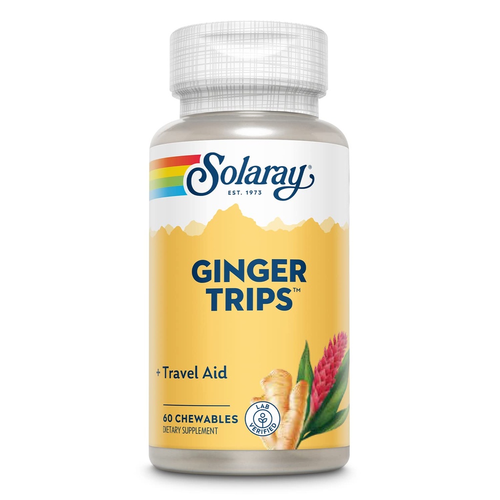 SOLARAY Ginger Trips Reisehjelp | Root Extract | Sunn Digestive Support m/Honey, Stevia & Molasses | 60 Chewables