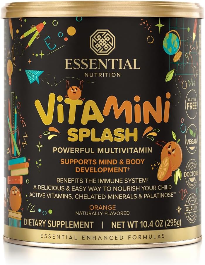 Essential Nutrition Vitamin Splash - Kids multivitamin pulver - ernæringsmessig støtte - 13 aktive vitaminer & 6 Chelated Minerals, Prebiotiske Fiber - Orange Flavor - (10.4 oz) - Vegan