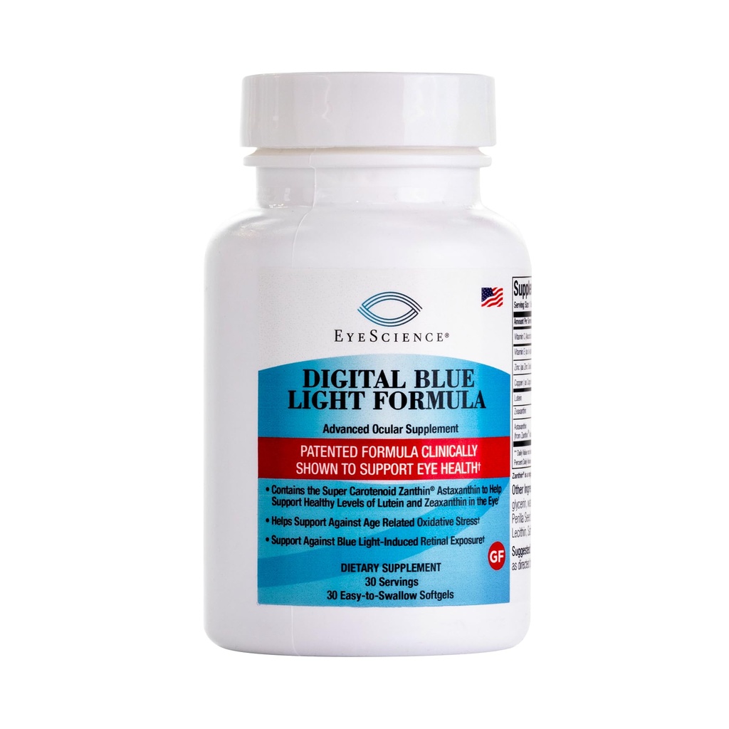EyeScience Digital Blue Light Formula – støtter øyehelse med Astaxanthin, Lutein og Zeaxanthin – hjelper med å opprettholde komfort i skjermtid – ikke-GMO, Glutenfri, 30 Softgels