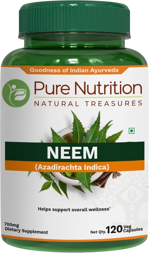 Pure Nutrition Neem Kapsler 700mg. (Equivalent til 2600mg Neem Leaf pulver og Bark pulver) Ikke GMO | En gang daglig | 120 dagers forsyning.
