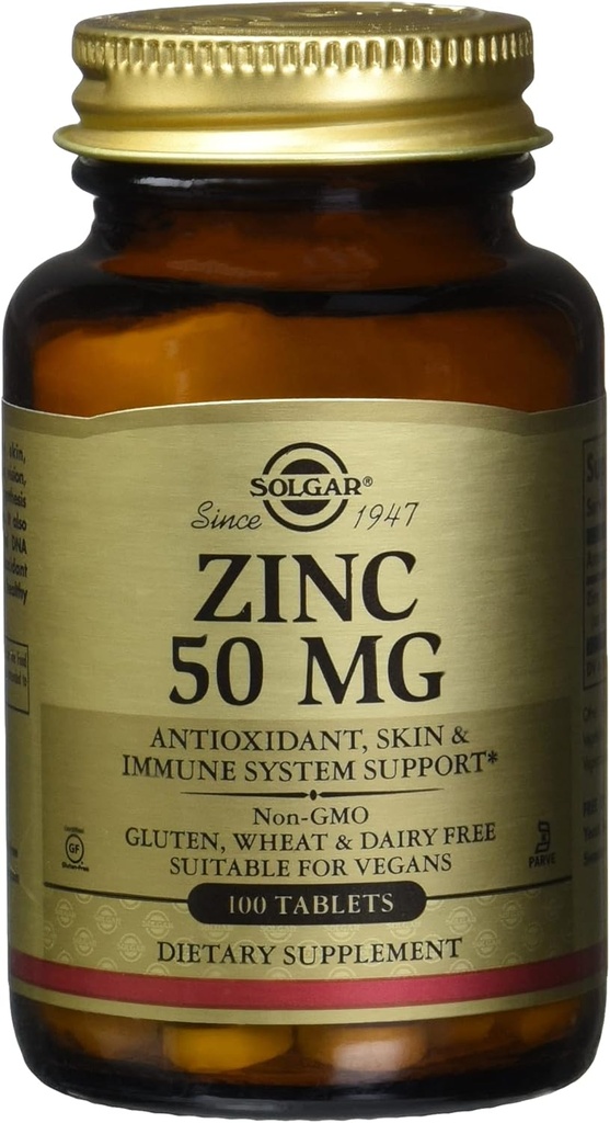 Solgar Zinc 50 Mg, 100 tabletter - sink for sunn hud, immunsystem og antioksidant støtte- 100 serveringer, 100 tel (pakke på 12)