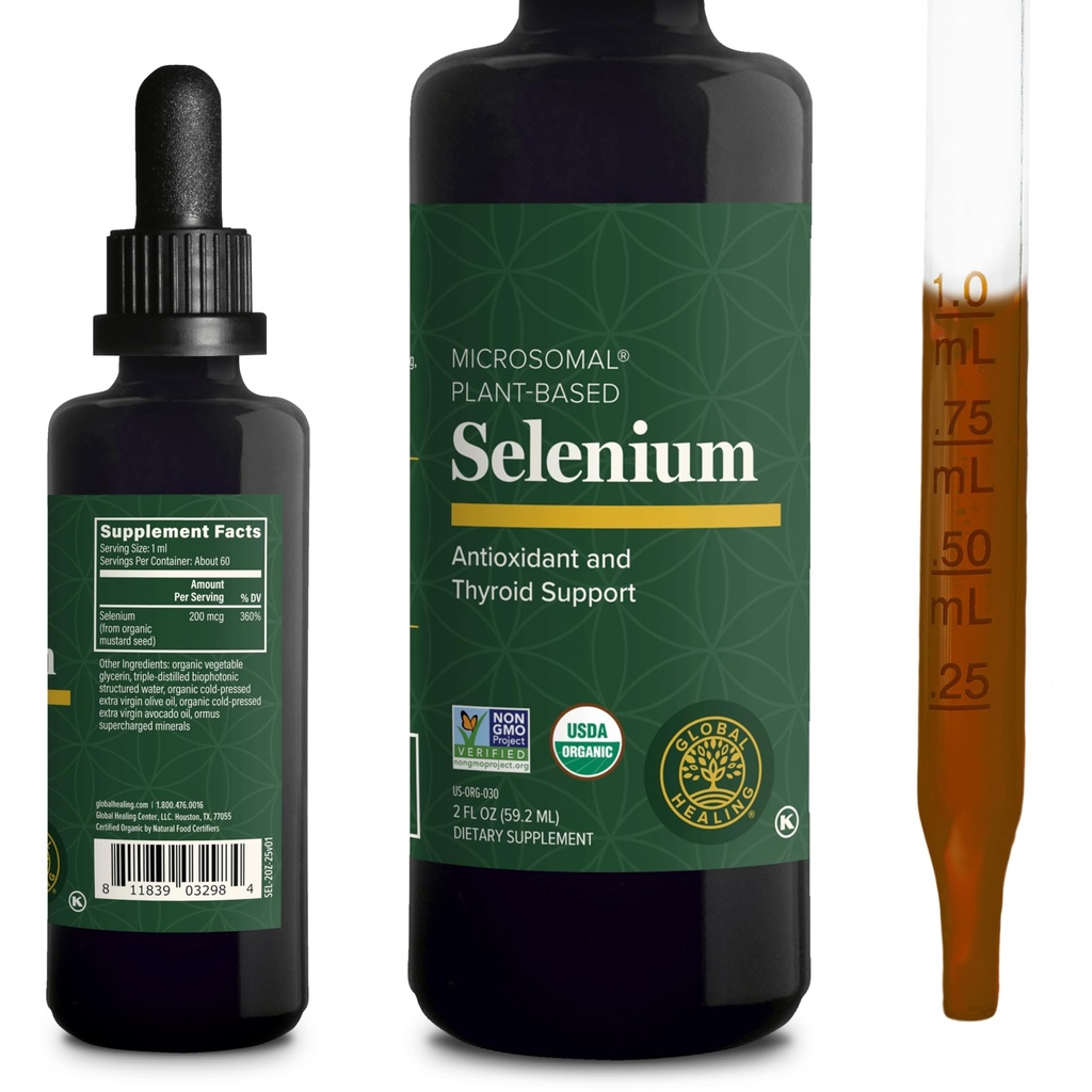 Global Healing Center - Selenium 200mcg, Selenium Supplement Drops med organiske ingredienser, Antioksidanter for Thyroid og immunstøtte, ikke-GMO & Glutenfri, for menn og kvinner - 2 Fl Oz