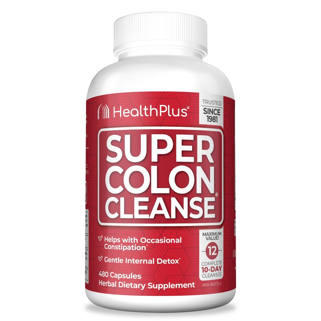 Helse Plus Super Colon Cleanse 120 dagers forsyning av Gentle Gut Cleanse Detox, Psyllium Husk, Probiotika for lindring og digestiv støtte, 480 kapsler