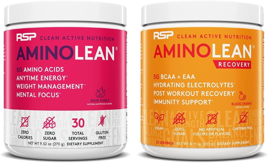 RSP NUTRITION AminoLean Pre Trening Energy (Fruit Punch 30 Serveringer) med AminoLean Recovery Post Trening Boost (Blood Orange 30 Serveringer)