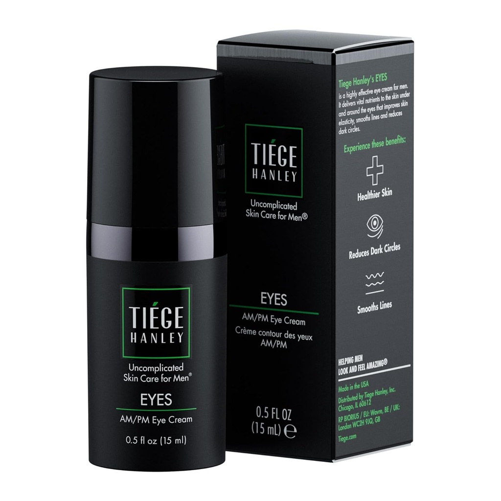 Tiege Hanley Øyekrem for menn | Reduserer mørke sirkler, poser under øynene, Puffiness & Crows føtter - Anti-Aging under øyebehandling, 0,5 oz