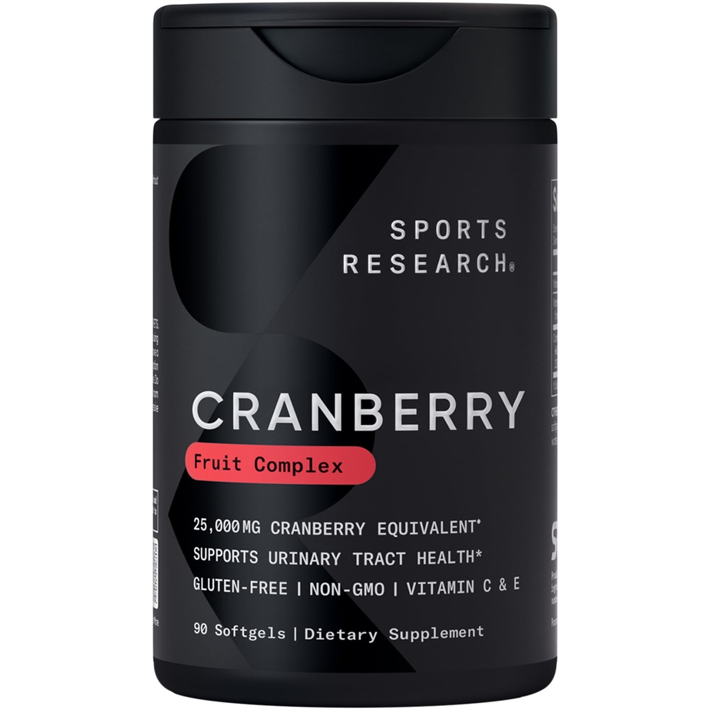 Idrettsforskning Cranberry Fruit Complex Supplement - Softgels for Urin Tract Helsestøtte - lik 25 000 mg Cranberry, laget med Pacran & vitaminer C & E - Ikke-GMO & Glutenfri - 90 greve