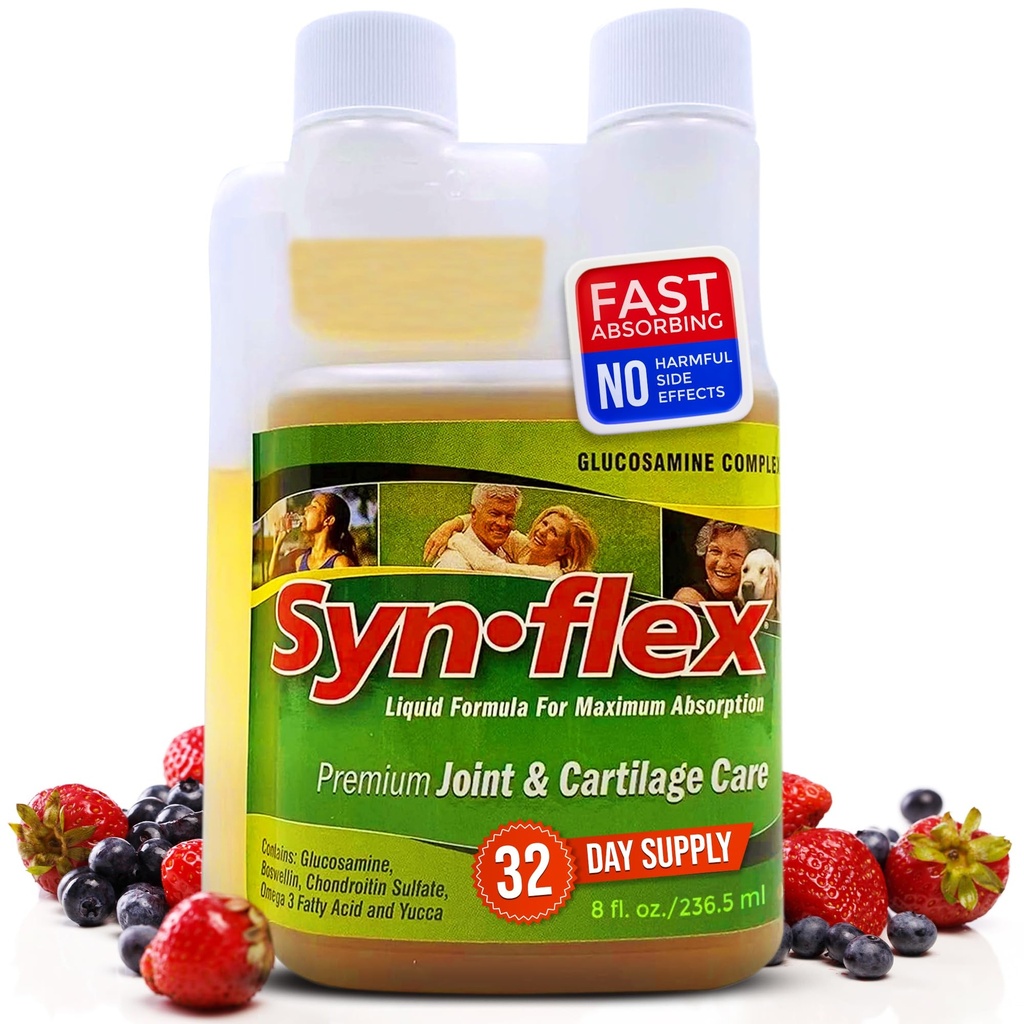 Synflex flytende glukosamin Original Formula - Chondroitin, Vitaminer, Mineraler - Drikketilskudd for menn og kvinner, Hjelper støtte felles og Cartilage Helse - Berry Flavor, 32 dagers forsyning