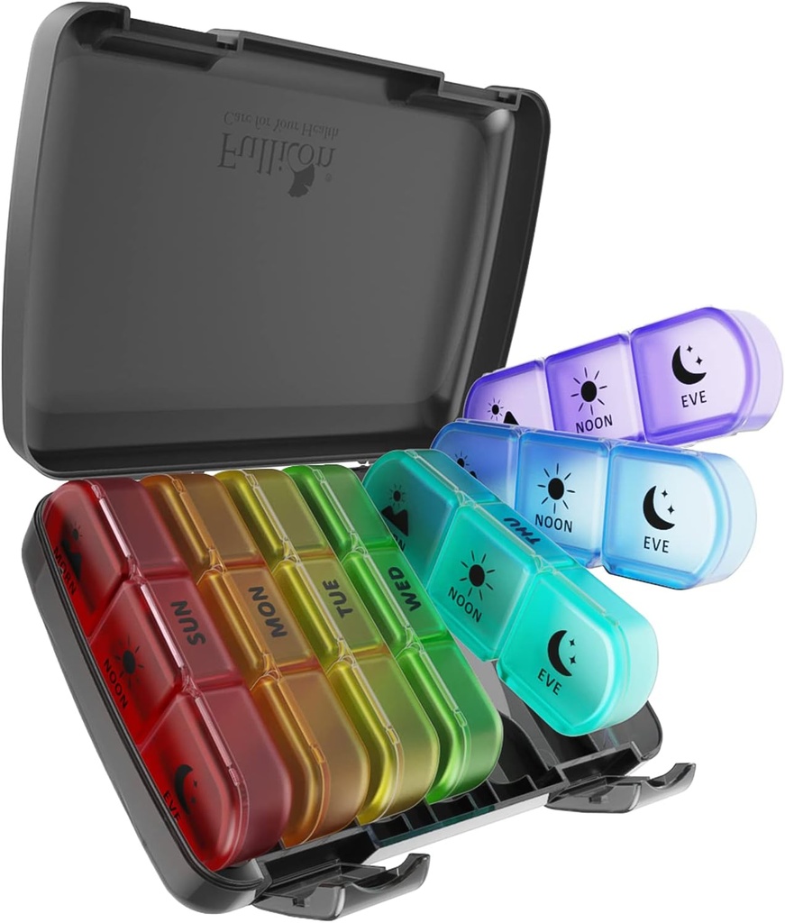 Pilleorganisator 3 ganger om dagen, Fullicon Large Weekly Pill Case 7 Day, Daily Pill Box med 21 Compartments, Pille Dispenser Supplement Holder for piller / Vitamin / Fish Oil - flerfarget