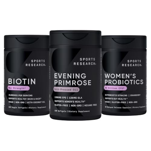 Idrettsforskning Kveld Primrose Supplement fra kaldpresset olje, Vegan Biotin 10.000mcg med kokosolje & kvinners probiotika med prebiotika, 65 milliarder CFU