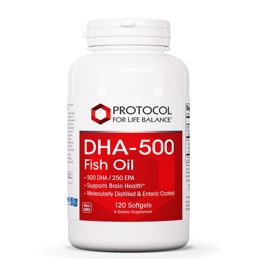PROTOCOL FOR LIFE BALANCE DHA-500 - DHA 500mg & EPA 250mg - Fish Oil Supplement - Hjerne Helse & Støtte - Easy Digestion - Ikke-GMO & Halal - 120 Softgels