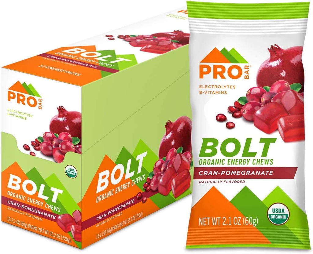 PROBAR - BOLT Økologisk Energi Chews, Cranberry Pomegranat, Ikke-GMO, Glutenfri, USDA Certified Organic, Sunn, Naturlig Energi, Rask Drivstoff Gummies med vitaminer B & C (12 greve)