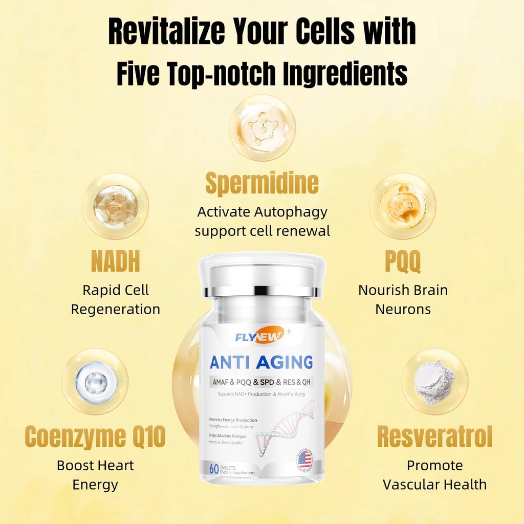 Anti-Aging, Resveratrol,NADH & PQQ, Sunt hår, hud og negler, Cellular Helse, Spermidin, Ubiquinol, GMP, laget i USA 60 kapsler