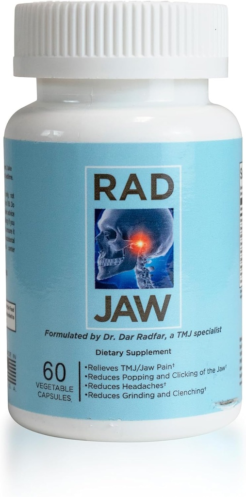 RAD JAW - TMJ Supplement for kvinner og menn, Nutrient-basert TMJ Relief, Jaw Discomfort Support, Mål Smerte, Popping, Klikking, Grinding, Clenching (Bruxism) og andre symptomer, 60 Grønnsaker Kapsler