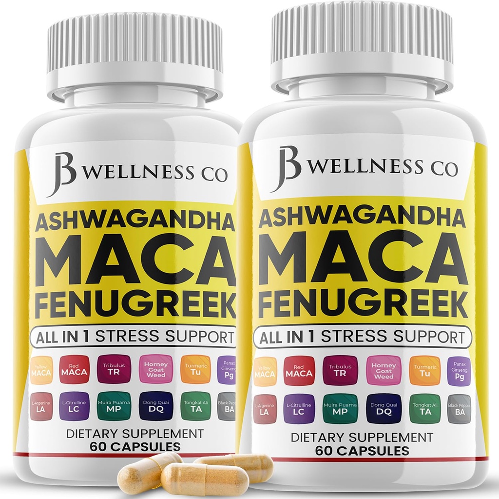 Ashwagandha Maca Root Fenugreek Supplement med Tongkat Ali Ginseng - Assister med Mood & Thyroid helse - laget i USA - 120 Count