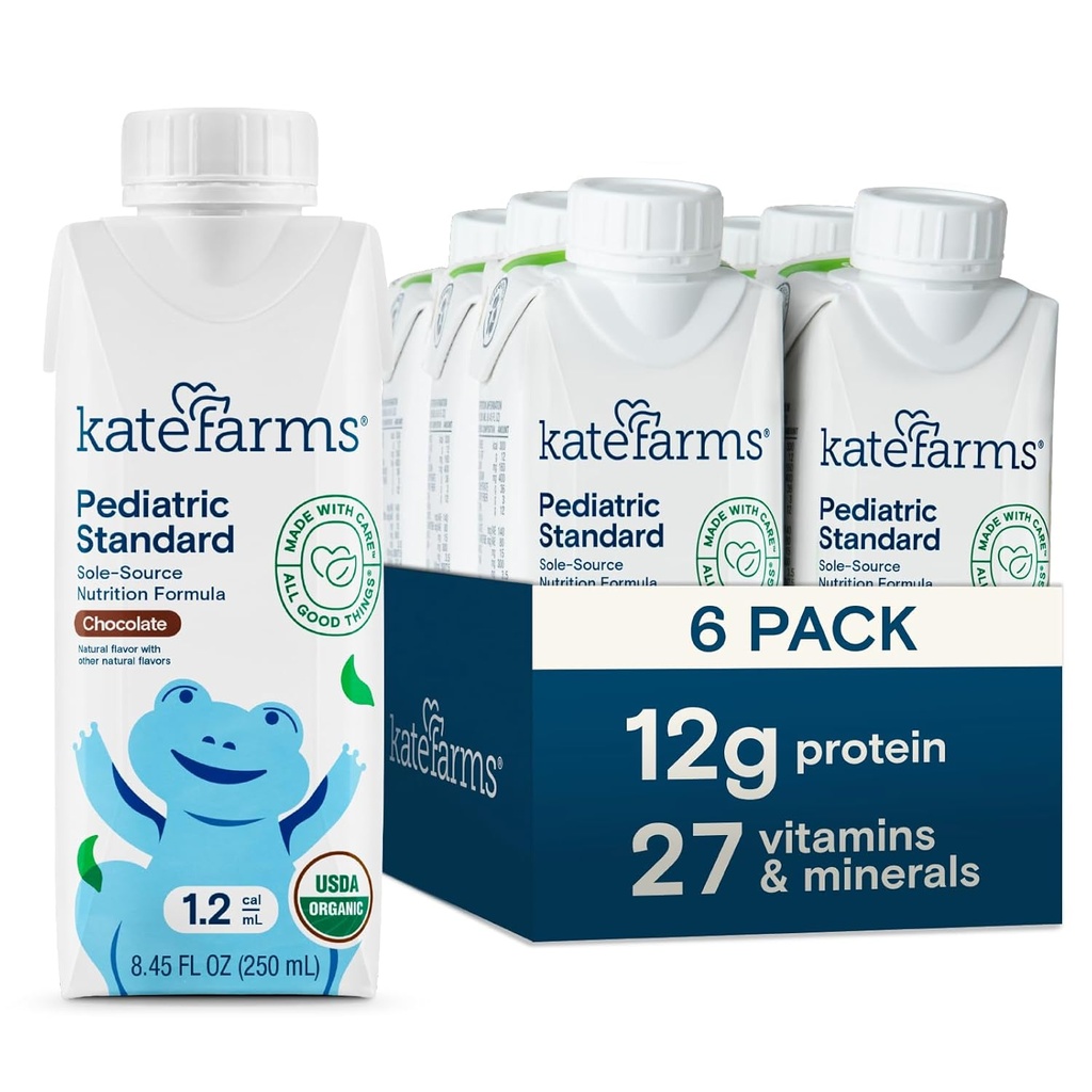 KATE FARMS Organic Pediatric 1.2 høy kalorie sjokolade ernæringshake, 12g protein, 27 vitaminer og mineraler, måltid erstatning, 8.45 oz (6 pakke)