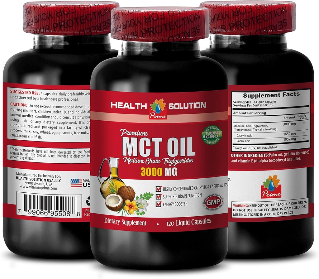 Energistøtte Kosttilskudd - MCT Olje 3600MG, 100% ren, middels kjede triglycerider - mct olje laget med kokosolje, mct oljepiller, mct olje til minne, mct olje for hjernen, mct kokosolje - 1B 120Soft