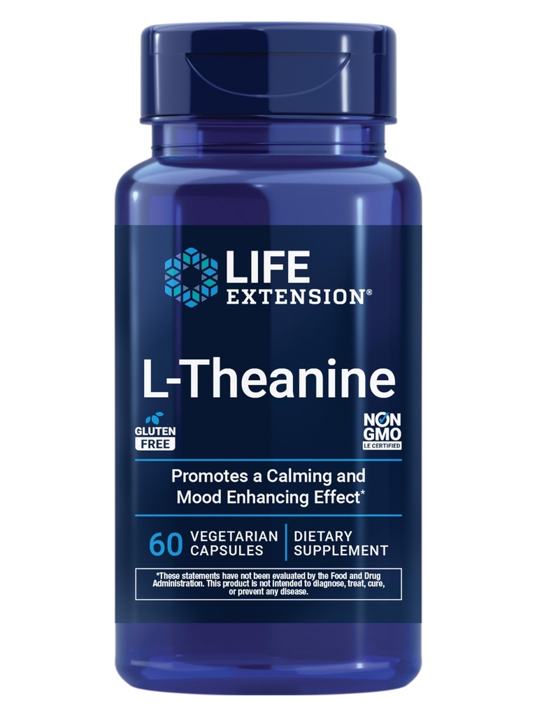 Livsforlengelse L-theanin, Aminosyre theanin, rolig, avslapning, Mood, Glutenfri, Ikke-GMO, Vegetarisk, 200 mg, 60 kapsler