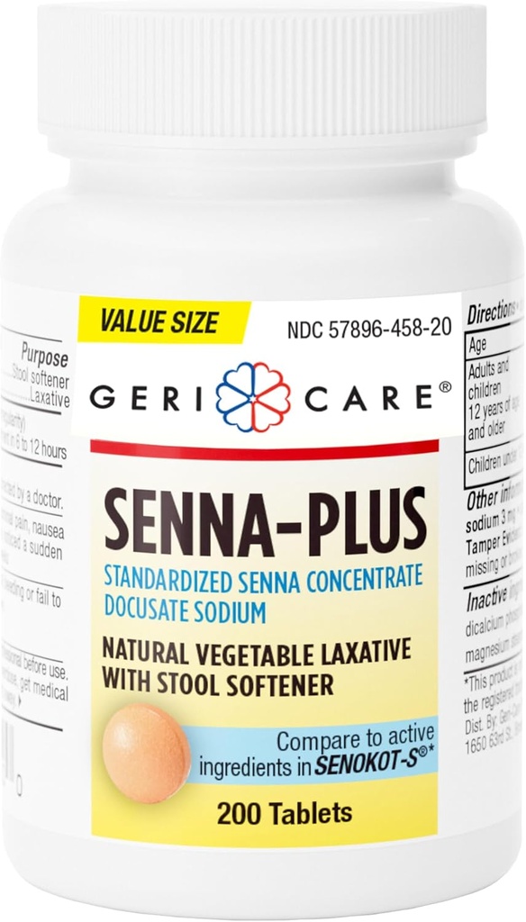 GeriCare Senna Plus Naturlig Laxativ med Stool Softener, Dokusat Natrium 50 mg, Sennosider 8,6 mg, 200 tabletter (pakke med 1)