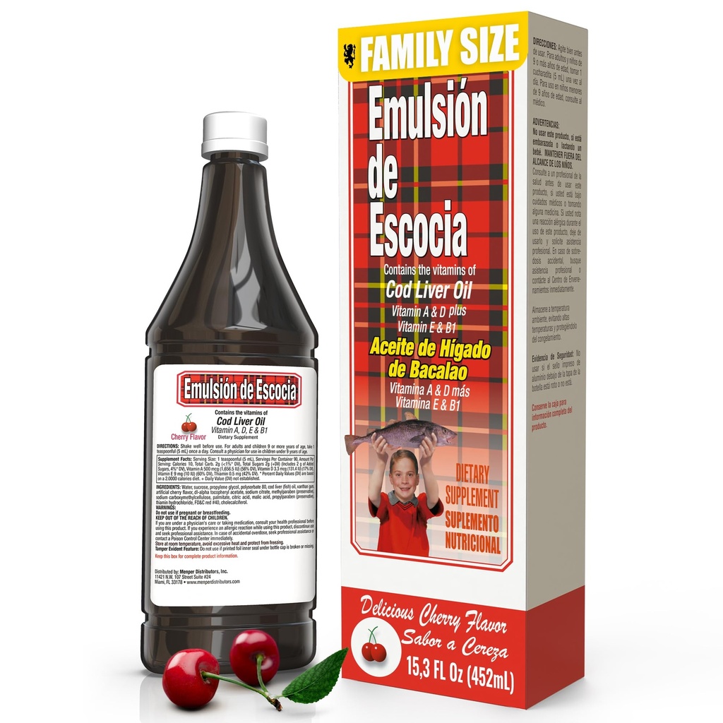 Emulsión de Escocia med Cod Liver Oil – Cherry Flavor – vitaminer A, D, E & B1 for immun- og leverstøtte – flytende kosttilskudd for barn – 15,3 Fl Oz | 1-Pack